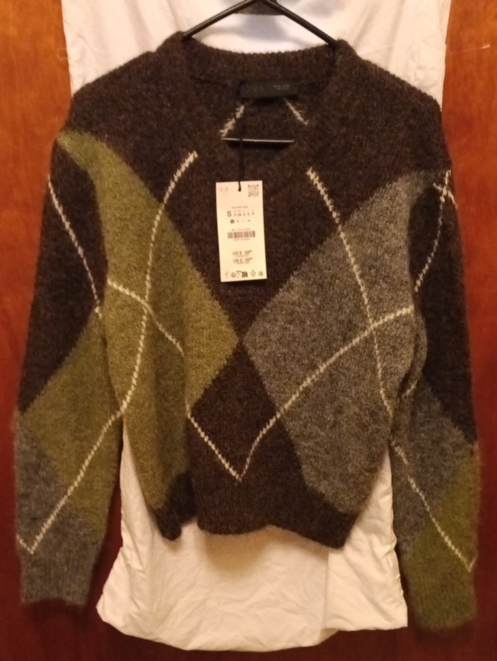 Zara Olive, Gray & Brown Argyle Crew Sweater New With Tags!
